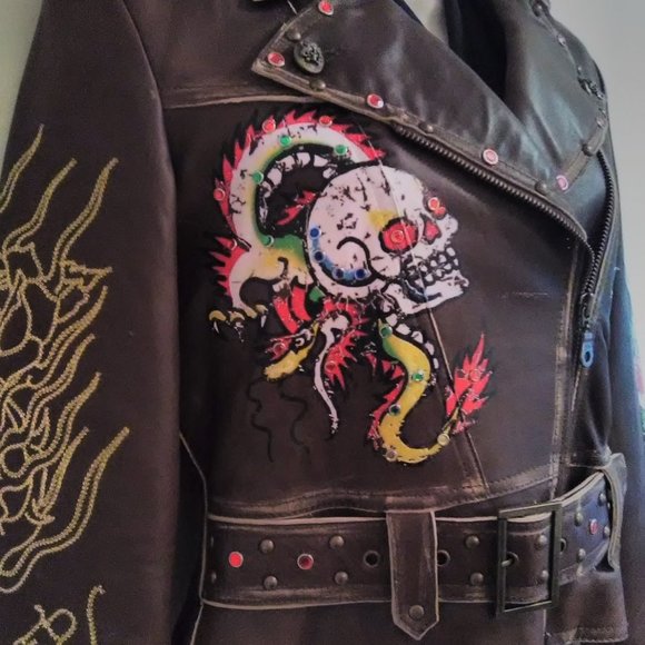 Ed Hardy Brown Leather Jacket Sz XSmall Crossover Biker Style NWT - Picture 6 of 13